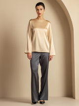 [Champagner] SilkSilky-DE Long Sleeve Boat Neck Bluse 007
