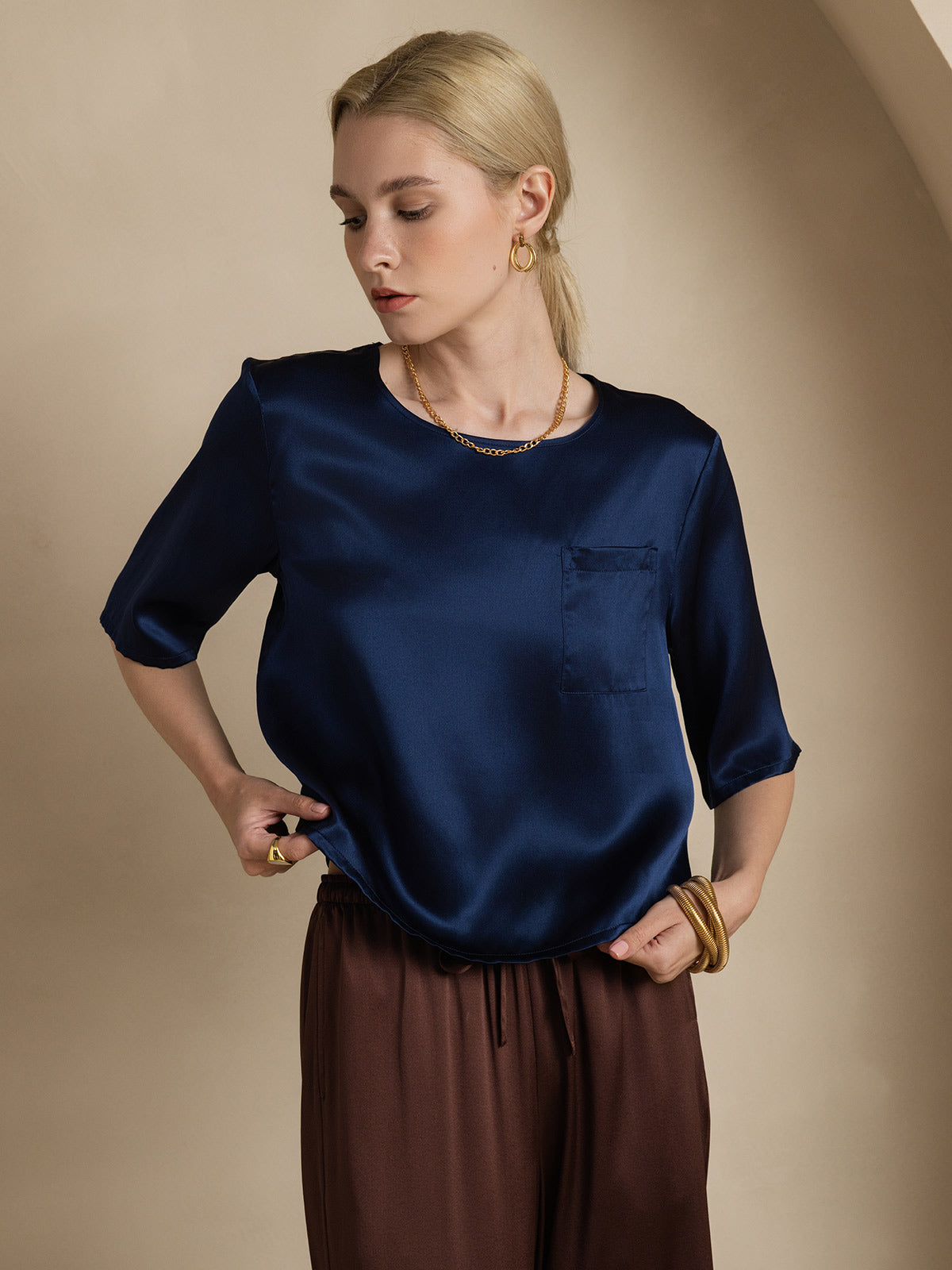 [Dunkelblau] SilkSilky-DE Reine Seide Womens T-Shirt 005