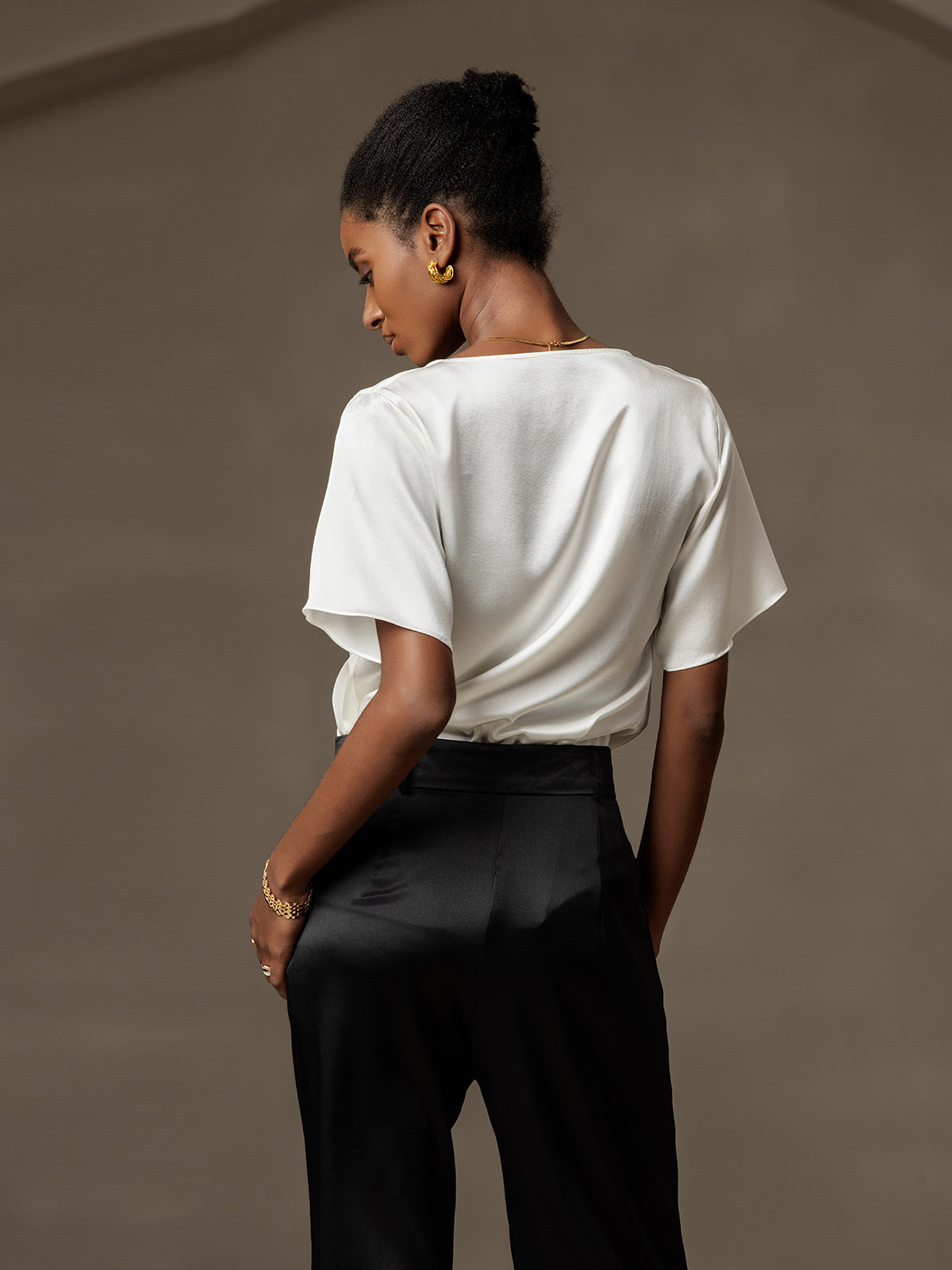 [Weiß] SilkSilky-DE Short Sleeve Cowl Neck Damenblusen 002
