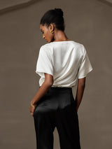 [Weiß] SilkSilky-DE Short Sleeve Cowl Neck Damenblusen 002