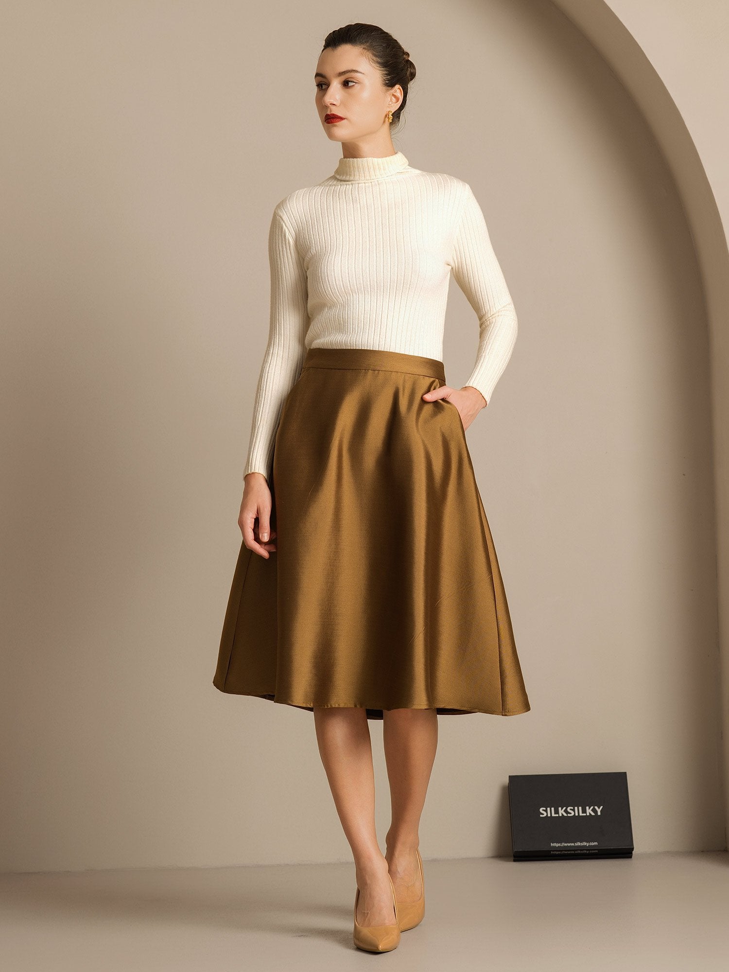 [Bronze] SilkSilky-DE 32Momme Silk-Wool Blend Skirt 005,