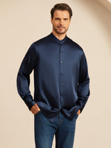 [Dunkelblau] SilkSilky-DE Long Sleeve Stand Collar Herrenhemd 004