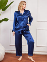 [Dunkelblau] SilkSilky-DE Langärmelig Damen Pyjamas Große Größen 005