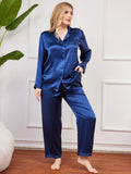 SilkSilky DE Reine Seide Langärmelig Revers Damen Pyjamas Große Größen Dunkelblau 005