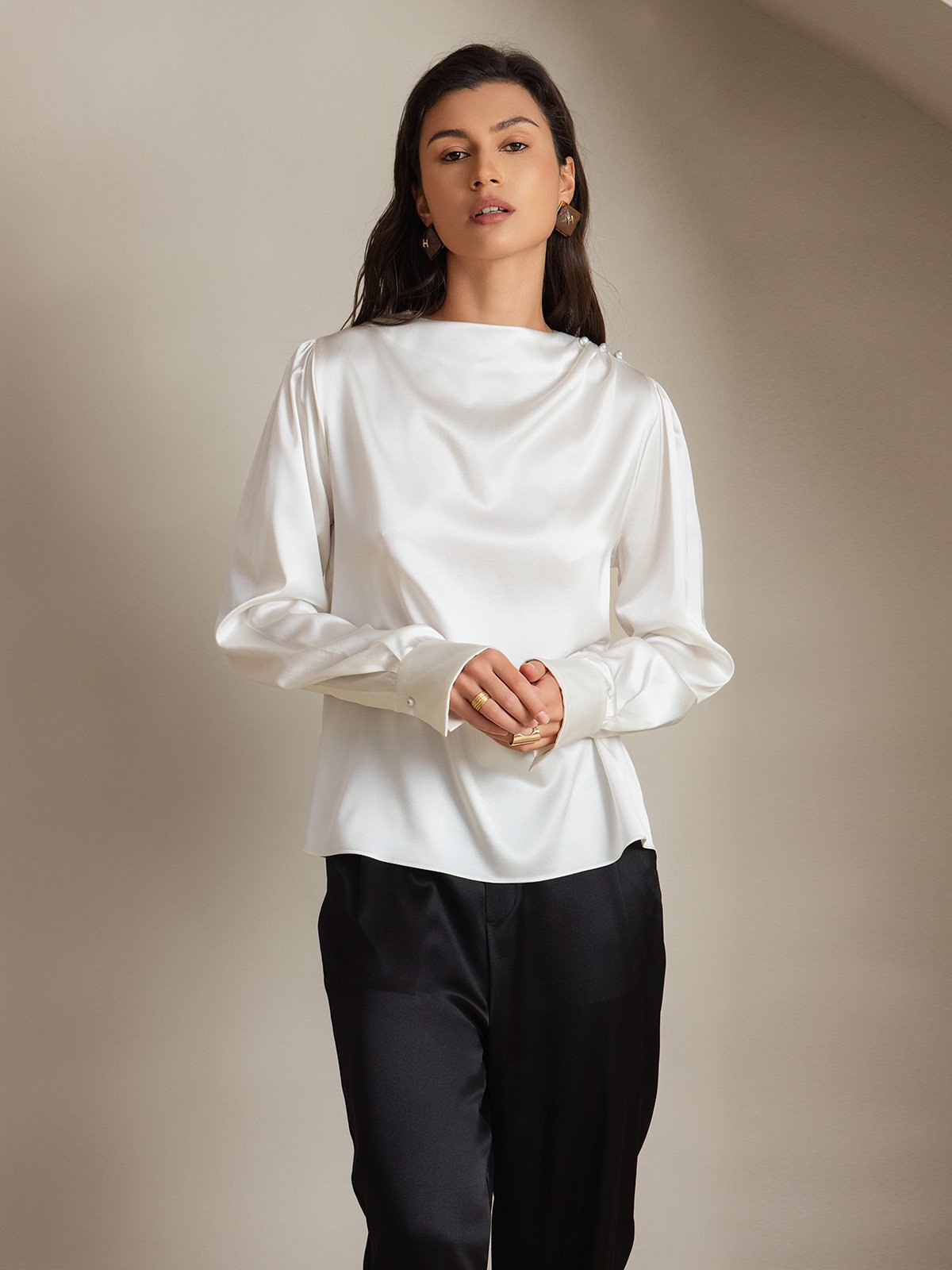 [Weiß] SilkSilky-DE 19Momme Seide Womens Shirt 005