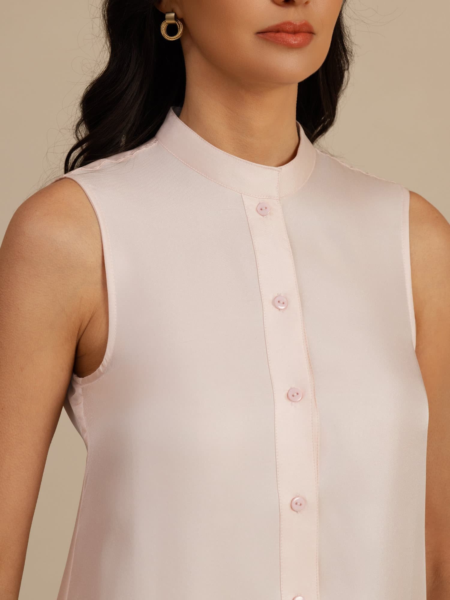 [Rosa] SilkSilky-DE 18Momme Ärmellos Stehkragen Kleider 004