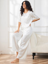 [Weiß] SilkSilky-DE Half Sleeve Round Neck Damen Pyjamas 007