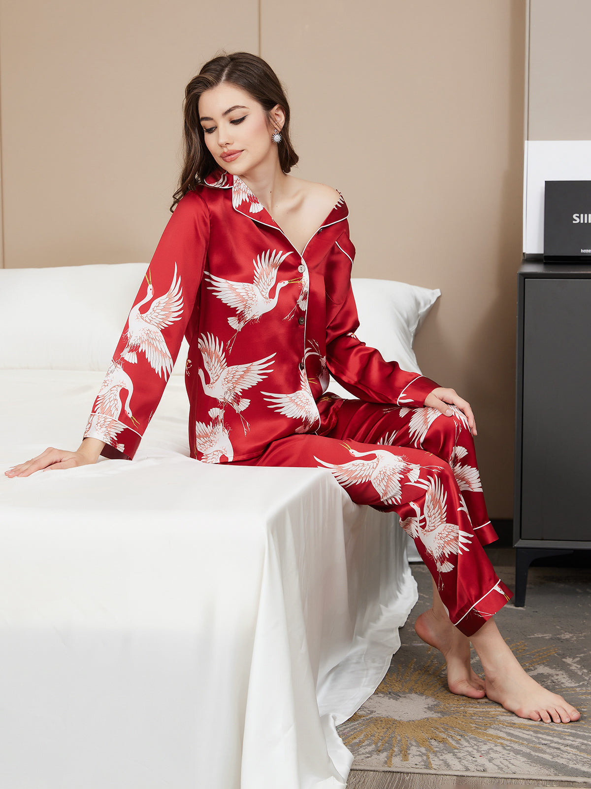 SilkSilky-DE 19Momme Reine Seide Langärmelig Revers Damen Pyjamas Dunkelrot 007