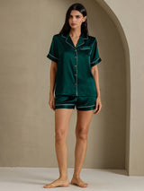 [Dunkelgrün] SilkSilky-DE Short Sleeve Notch-Kragen Damen Pyjamas 008
