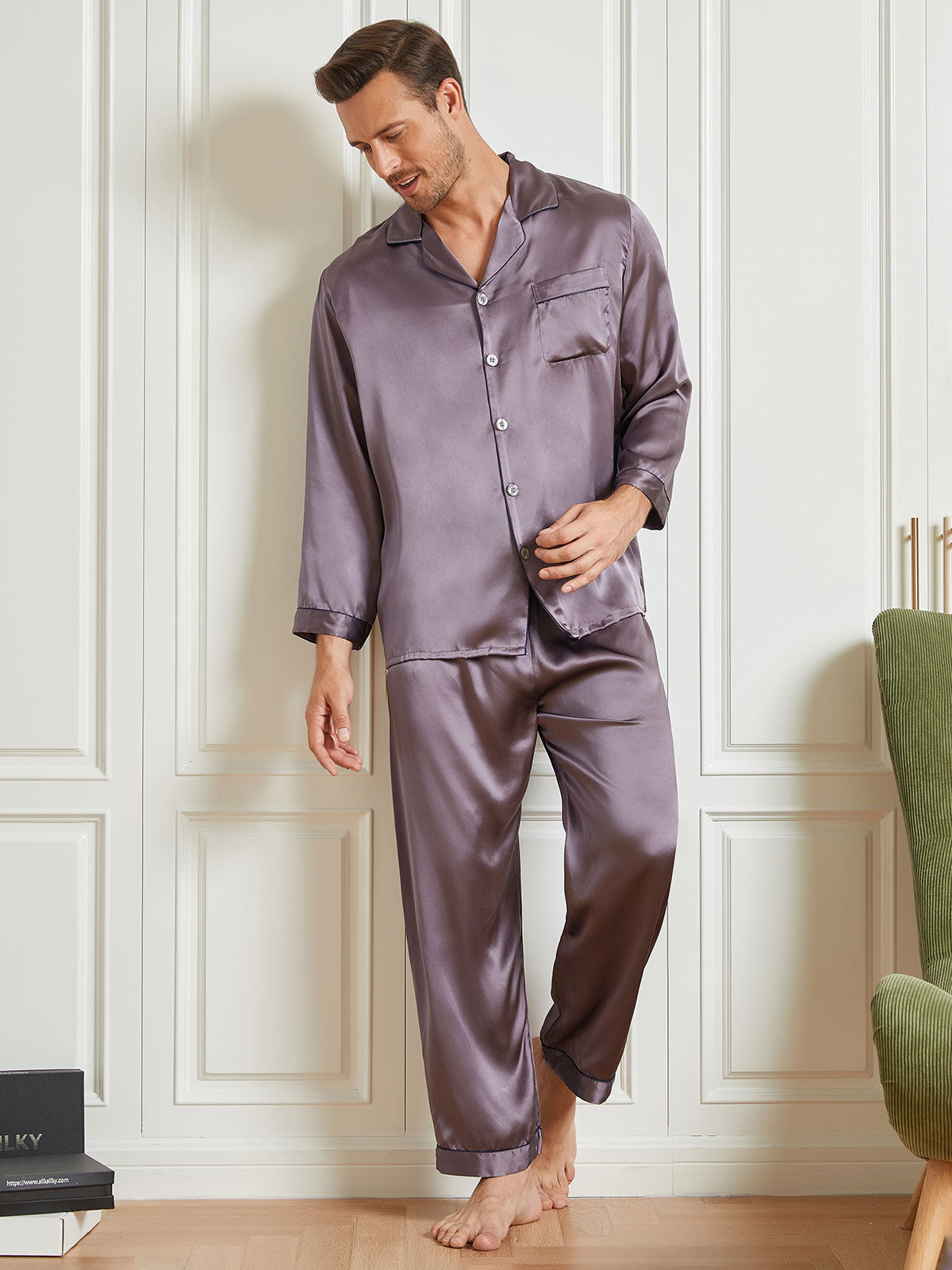 [Lilagrau] SilkSilky-DE 19Momme Reine Seide Mens Pajamas 004