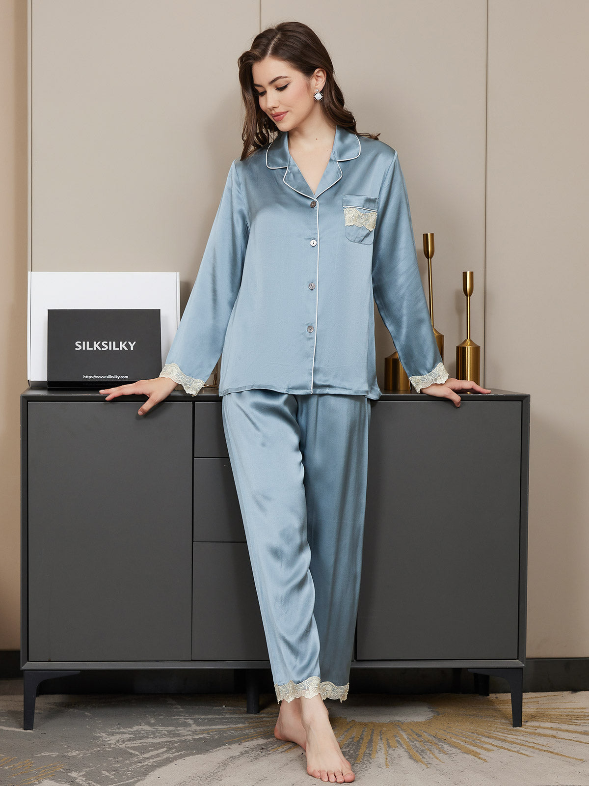 [Stahlblau] SilkSilky-DE Reine Seide Womens Pajamas 004