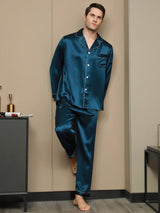 [König Blau] SilkSilky-DE Langärmelig Notch-Kragen Herren Pyjamas 004
