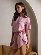 [Blasses Mauve] SilkSilky-DE Kurzärmelig Rundhalsausschnitt Damen Pyjamas 005