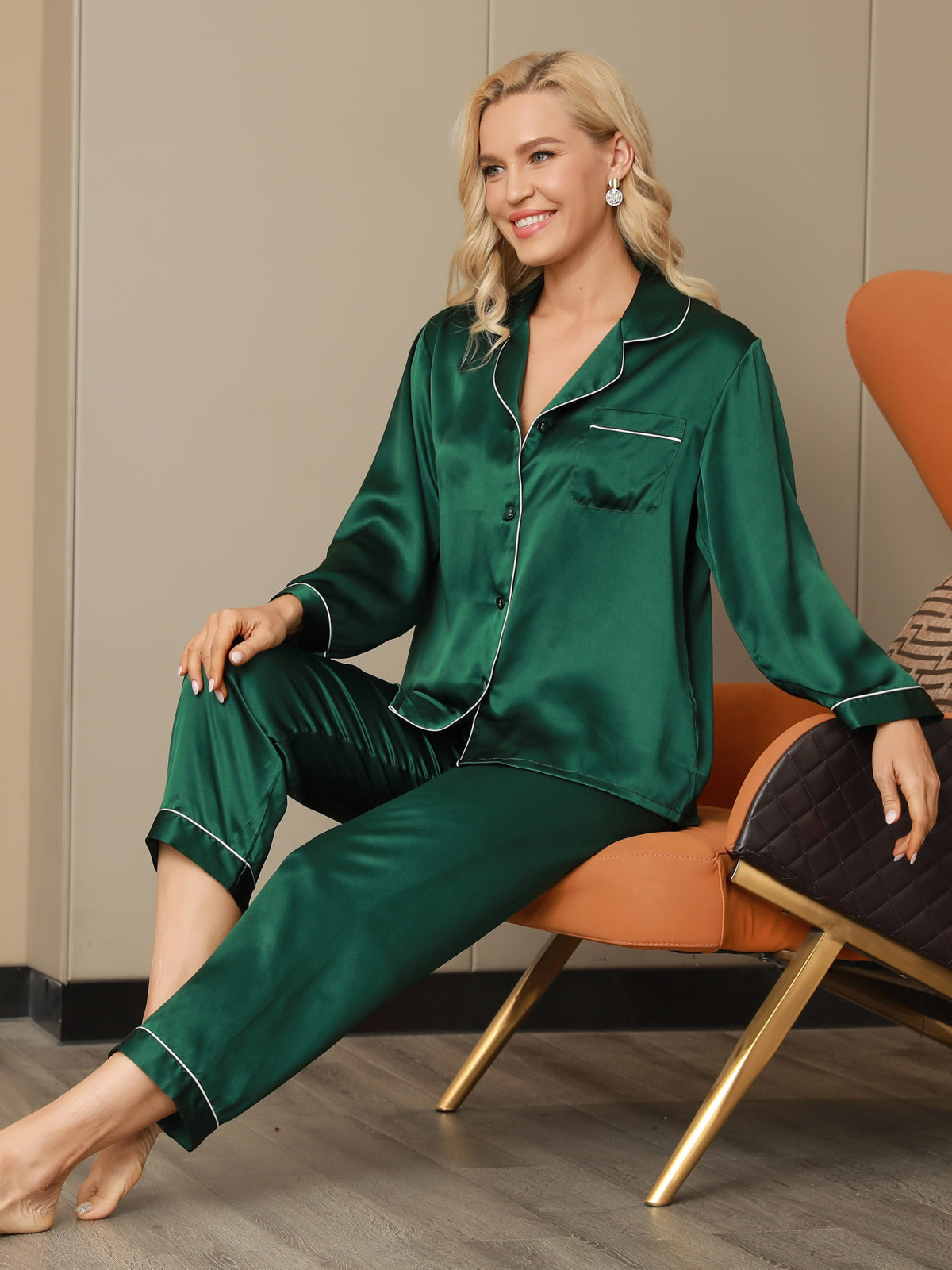 [Grün] SilkSilky-DE Reine Seide Womens Pajamas 005