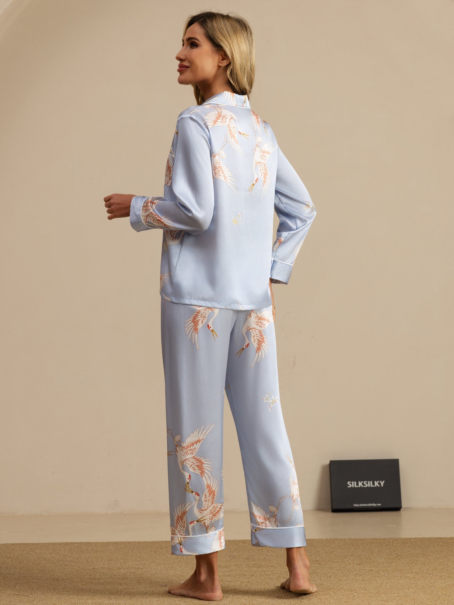 [Hellblau] SilkSilky-DE 19Momme Langärmelig Notch-Kragen Damen Pyjamas 002
