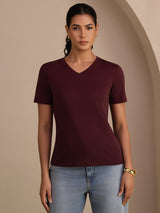 [Rotwein] SilkSilky-DE Short Sleeve V Neck T-Shirt 003