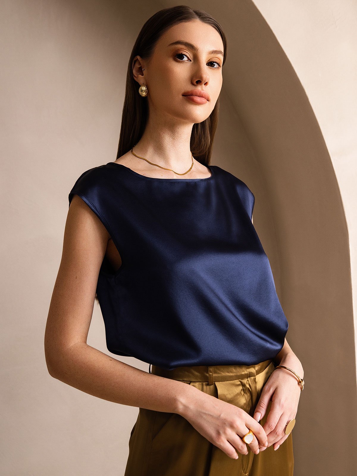 [Dunkelblau] SilkSilky-DE 19Momme Seide Womens T-Shirt 003