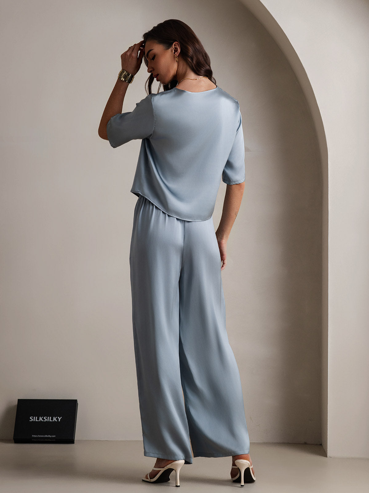 [Graublau] SilkSilky-DE Reine Seide Womens Pajamas 002