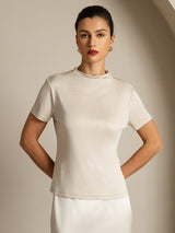 [Grau] SilkSilky-DE 100% Silk Jersey Short Sleeve Mock Neck T-Shirt 001