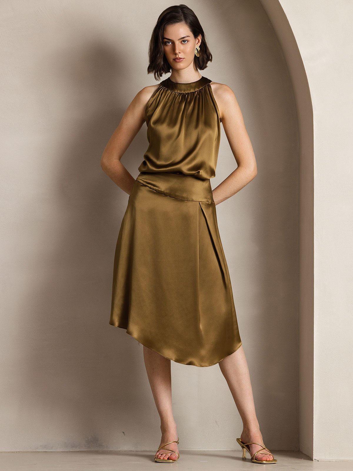 [Braun] SilkSilky-DE 19Momme Ärmellos Neckholder T-Shirt 005