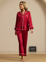 [Rotwein] SilkSilky-DE Langärmelig Notch-Kragen Damen Pyjamas 003