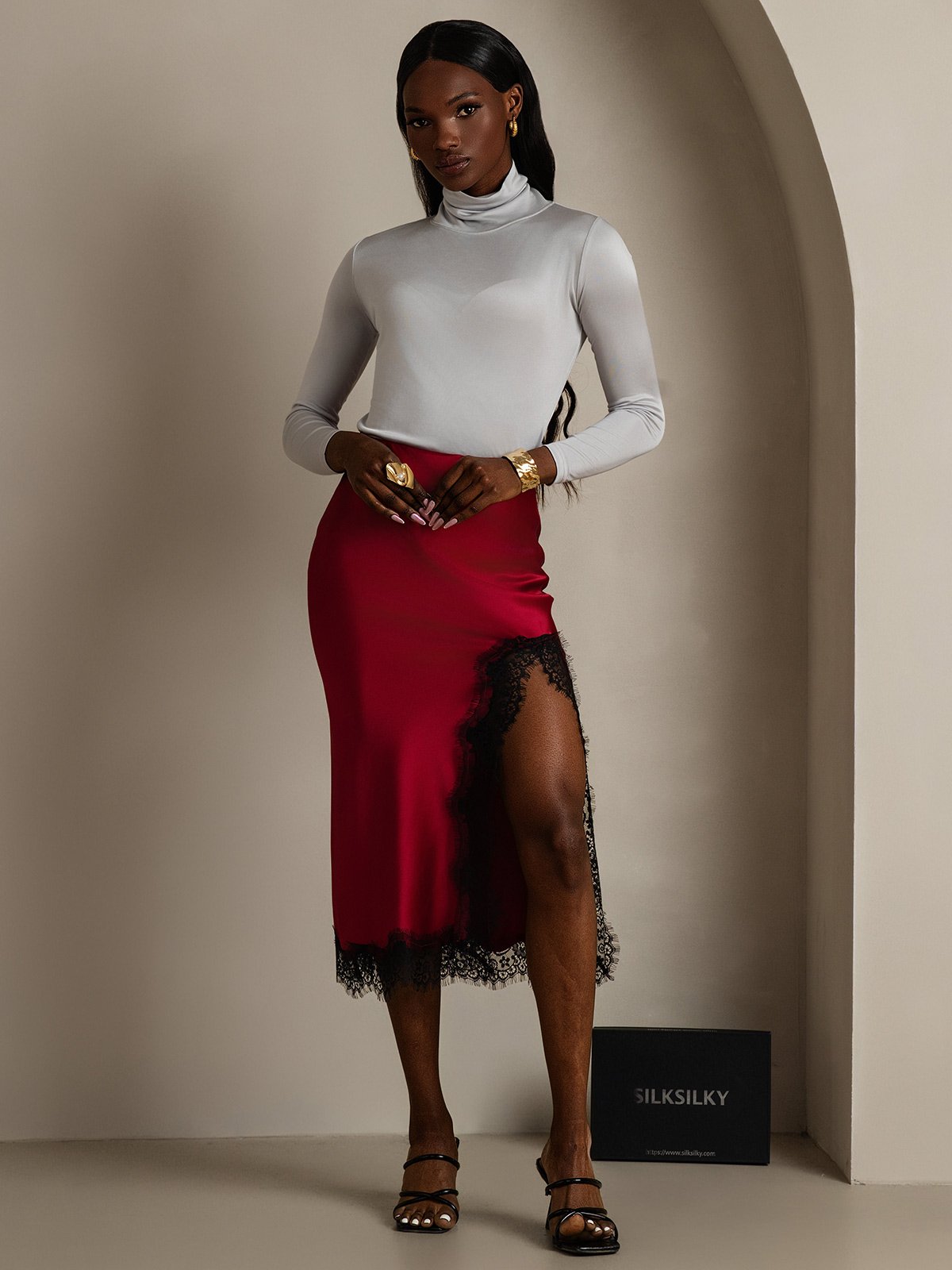 [Rotwein] SilkSilky-DE 19Momme Seide Skirt 005