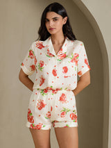 [Weißer Granatapfel] SilkSilky-DE Short Sleeve Notch Collar Damen Pyjamas 003