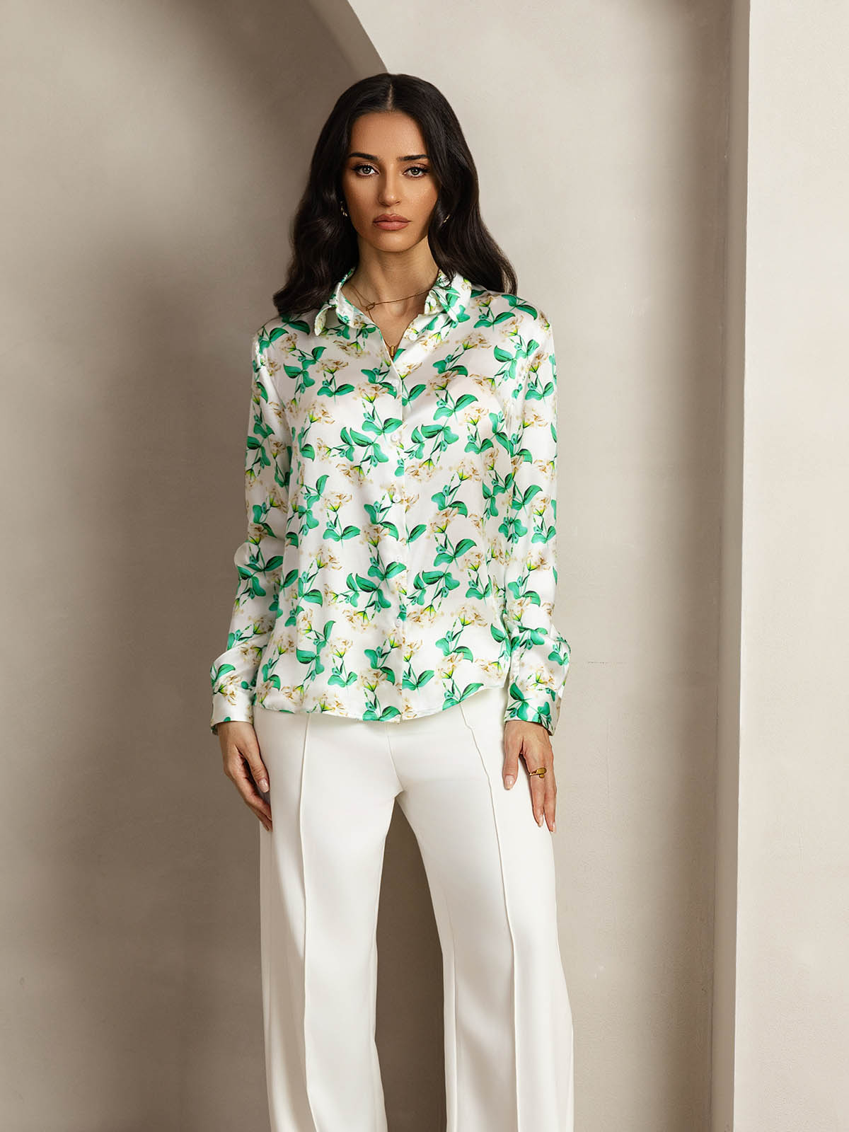 [Grün Blumen] SilkSilky-DE Seide Umlegekragen Damenhemd 003