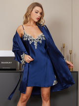 [Dunkelblau] SilkSilky-DE 3/4 Sleeve V Neck Nachthemd&Morgenmantel Set 004
