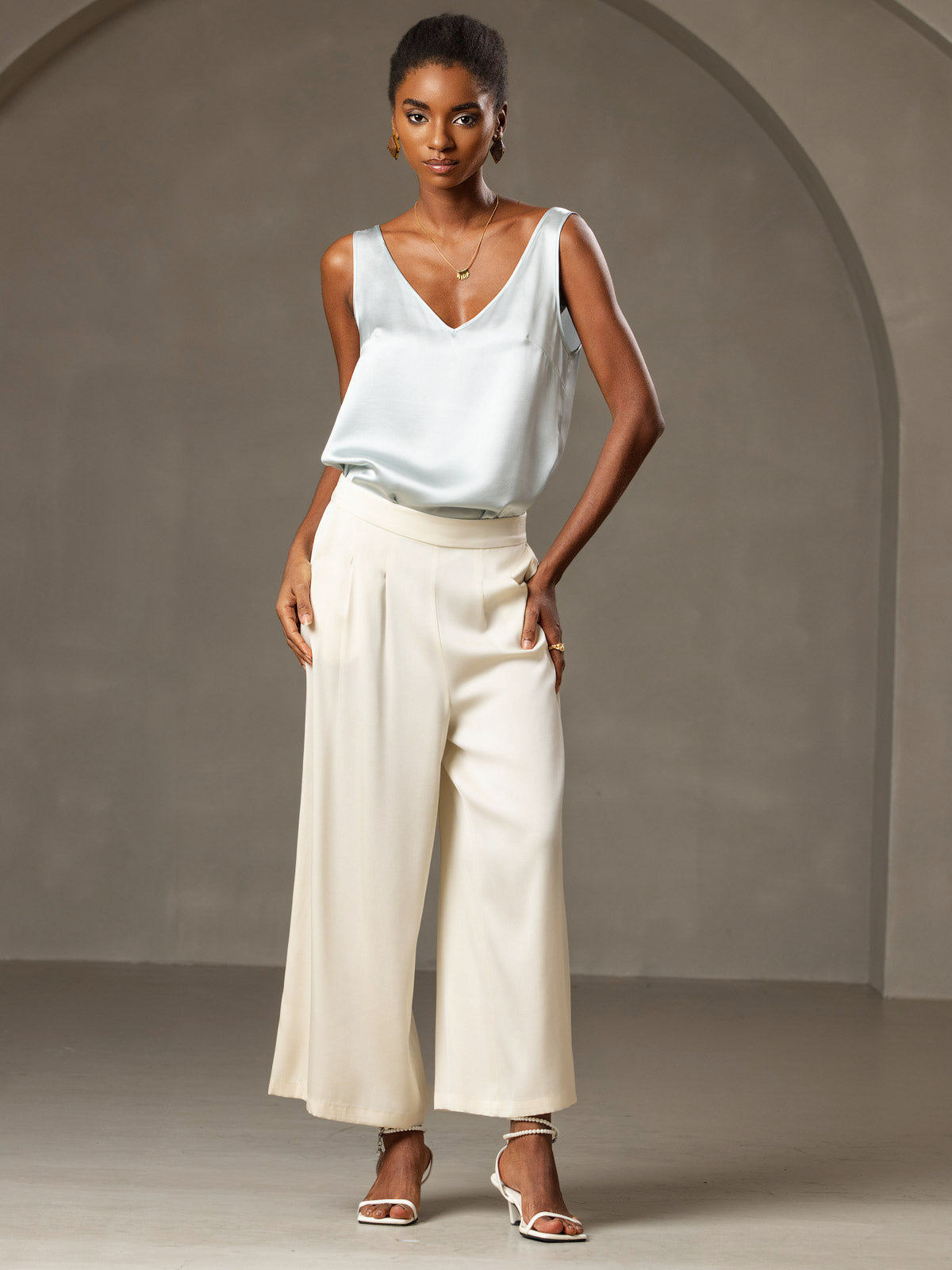 [Hellblau] SilkSilky-DE 19Momme Seide V Ausschnitt Cami Top 007