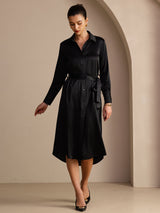 [Schwarz] SilkSilky-DE Long Sleeve Lapel Collar Kleider 005