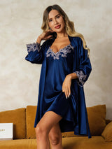 [Dunkelblau] SilkSilky-DE 3/4 Sleeve V Neck Nachthemd&Morgenmantel Set 001