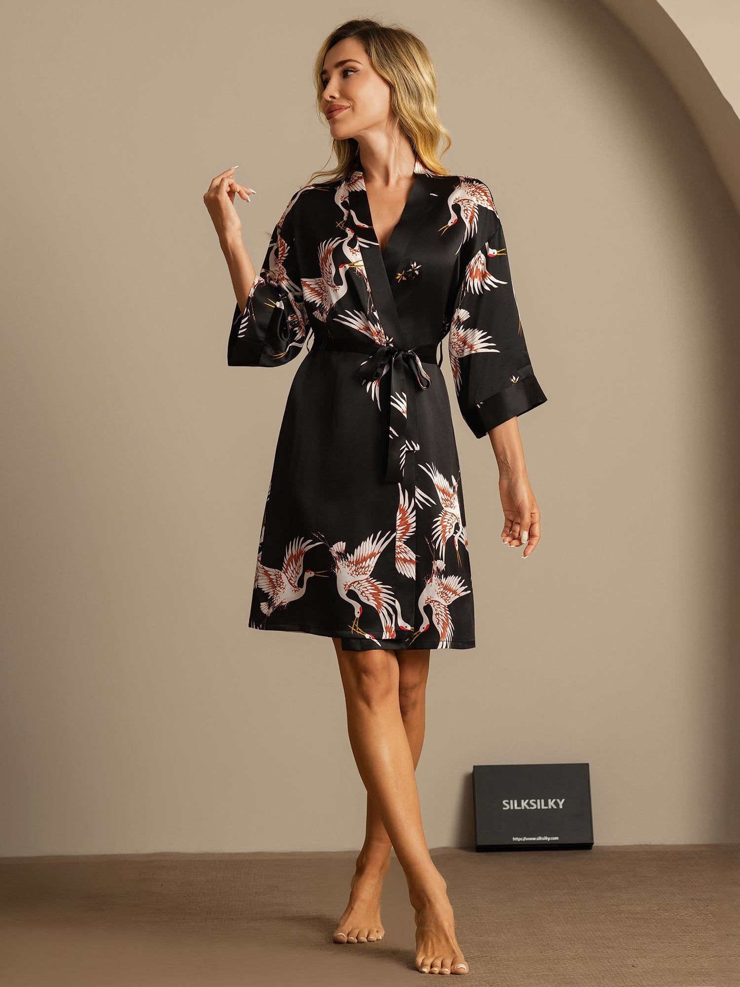 [Schwarz] SilkSilky-DE 19Momme Reine Seide Womens Robe 005