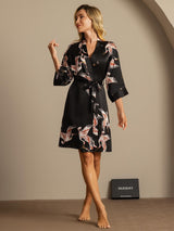 [Schwarz] SilkSilky-DE 19Momme 3/4-lange Ärmel Damen Morgenmantel 005