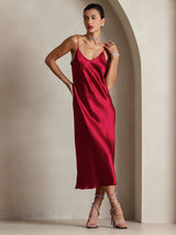 [Rotwein] SilkSilky-DE Sleeveless V Neck Kleider 003