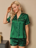 SilkSilky-DE Reine Seide Kurzärmelig Revers Damen Pyjamas Grün 004