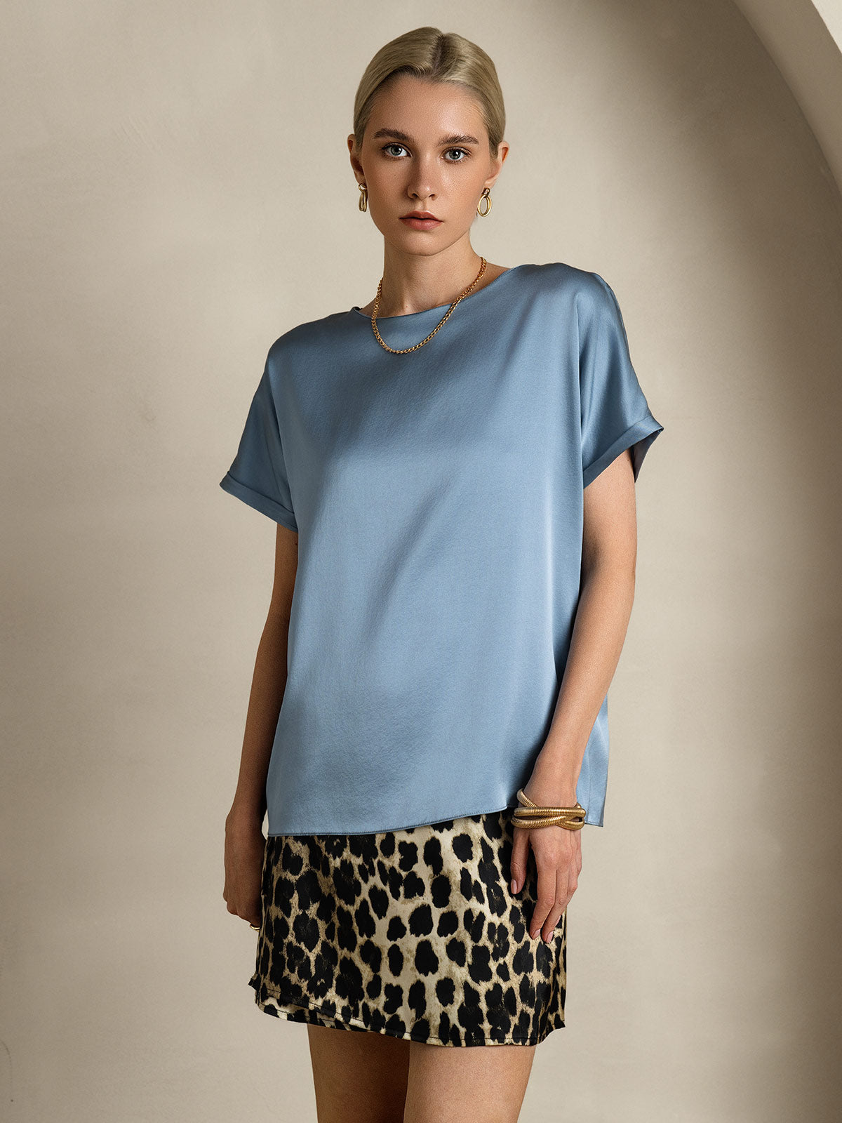 [Graublau] SilkSilky-DE 19Momme Seide Womens T-Shirt 003