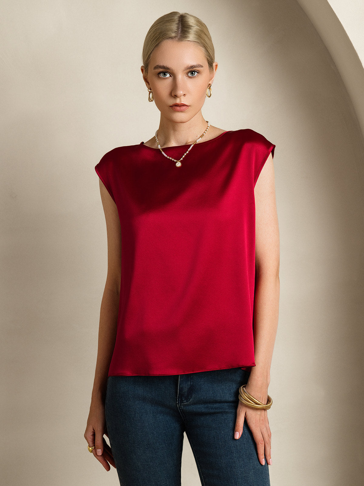 [Rotwein] SilkSilky-DE 19Momme Seide Womens T-Shirt 004