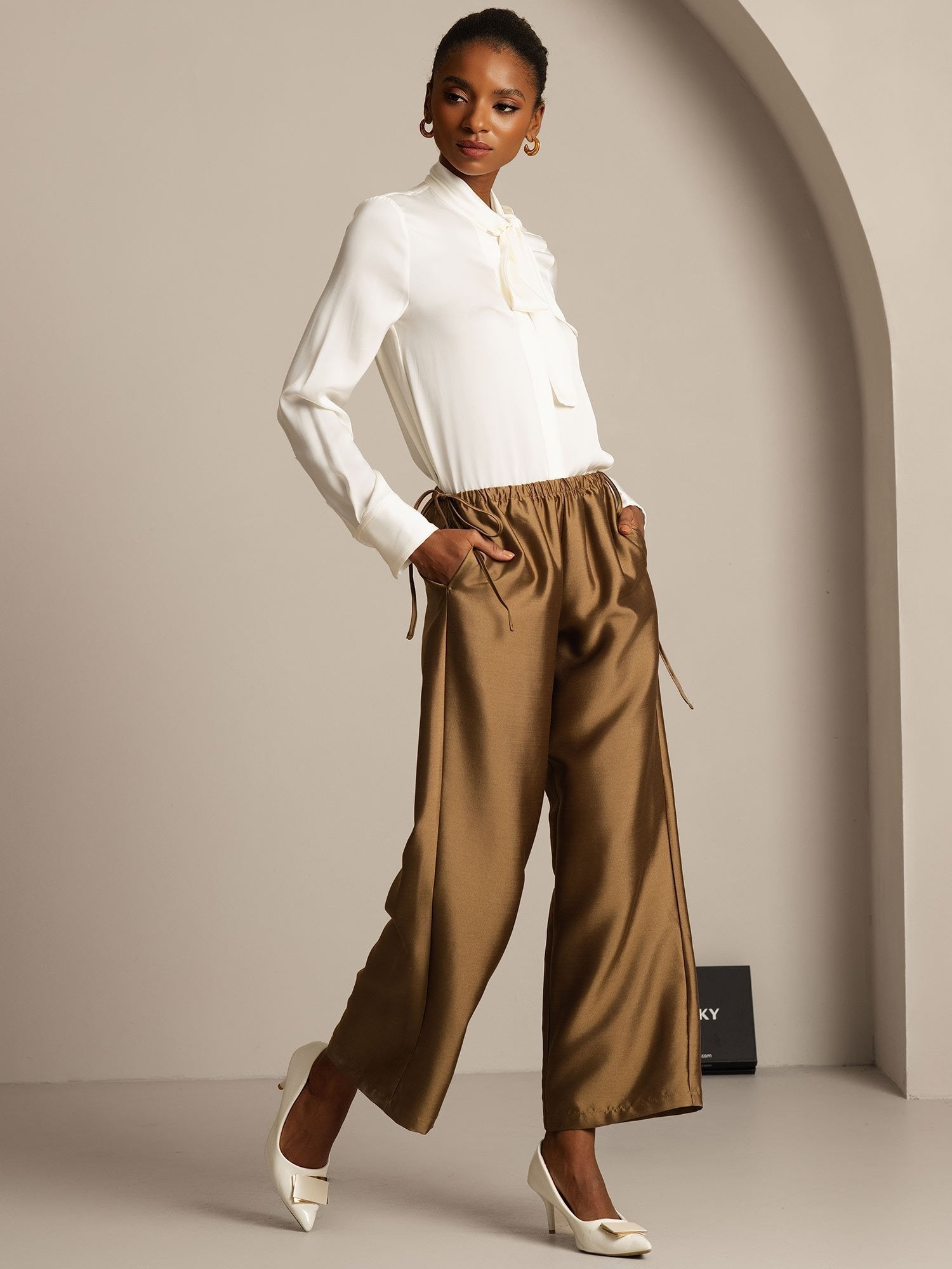 [Bronze] SilkSilky-DE 32Momme Silk-Wool Blend Womens Pants 005,