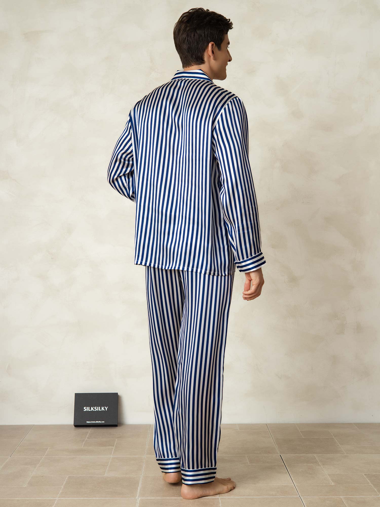 [Marine Streifen] SilkSilky-DE 19Momme Reine Seide Mens Pajamas 002