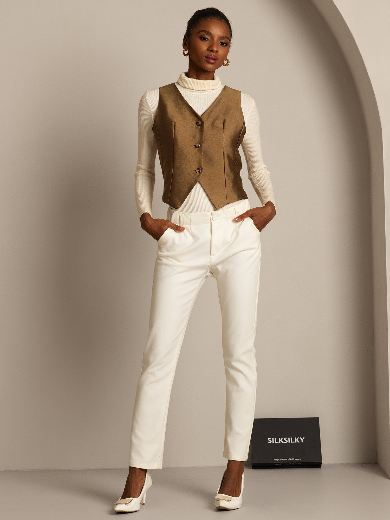 [Schwarz] SilkSilky-DE 32Momme Silk-Wool Blend V Ausschnitt Damenweste 006,