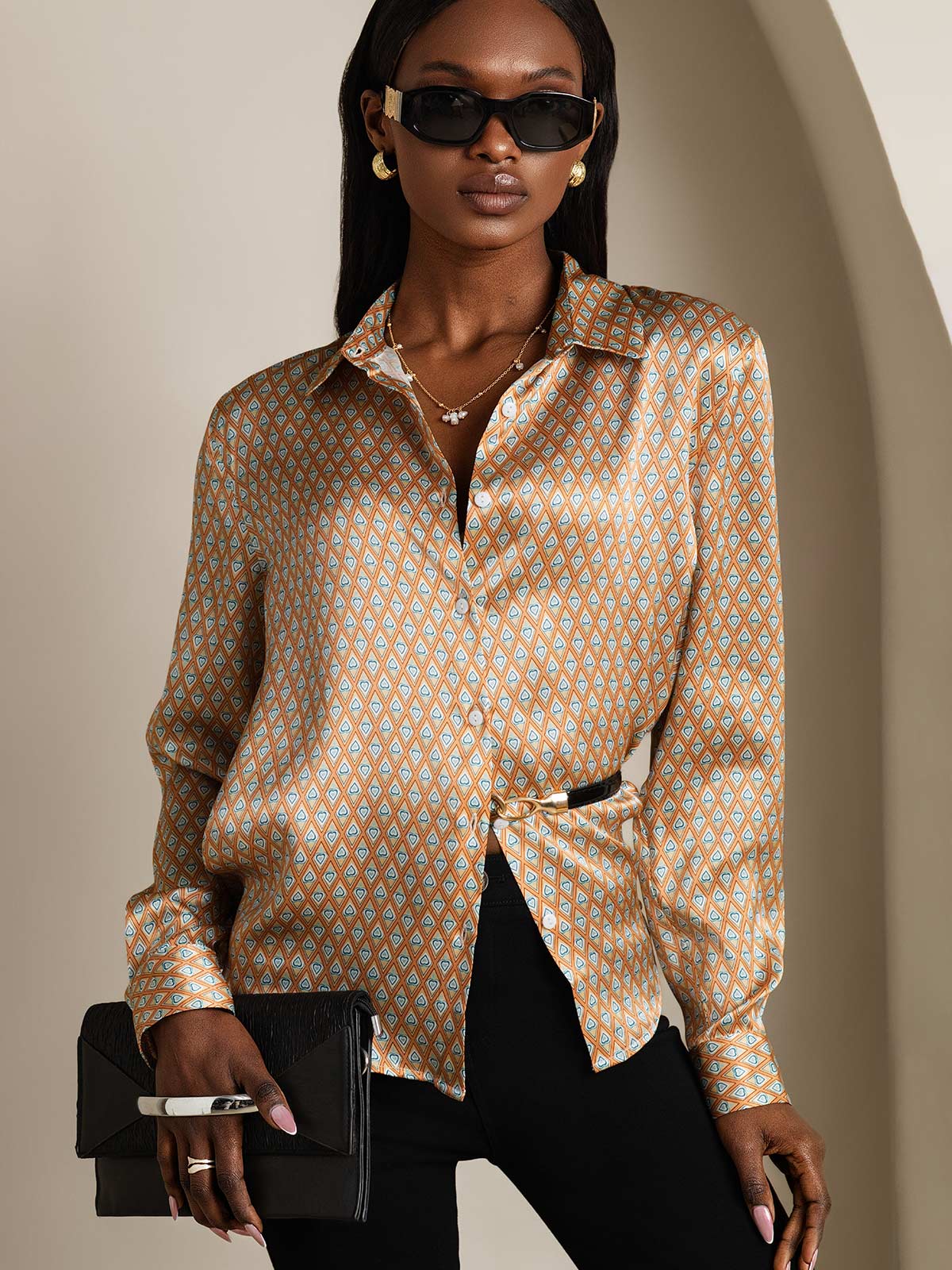 [Floral] SilkSilky-DE Seide Umlegekragen Damenhemd 003