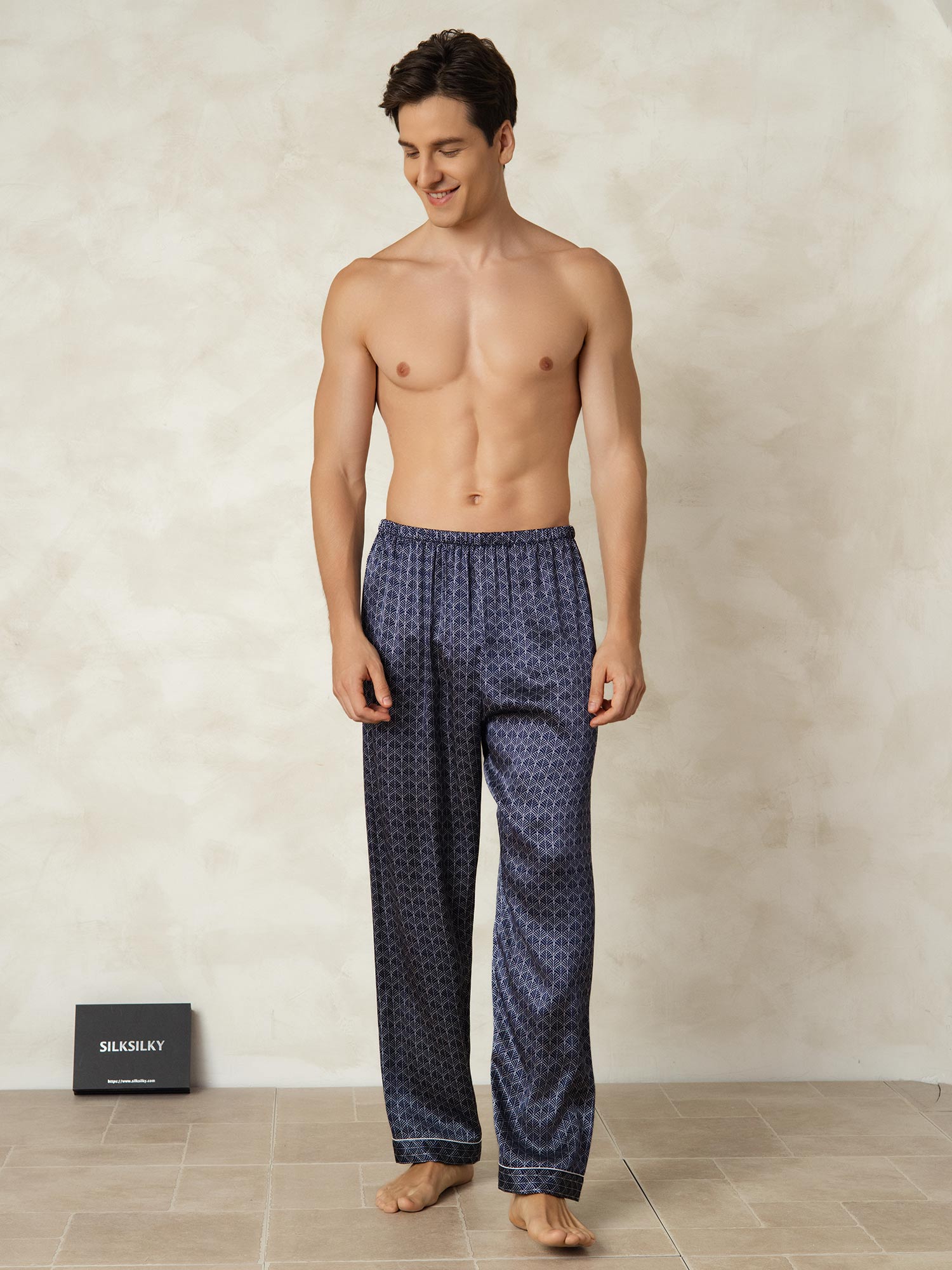 [Marine Ginkgo] SilkSilky-DE Reine Seide Mens Sleep Bottoms 005