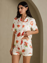 [Weiße Erdbeere] SilkSilky-DE Short Sleeve Notch Collar Damen Pyjamas 003