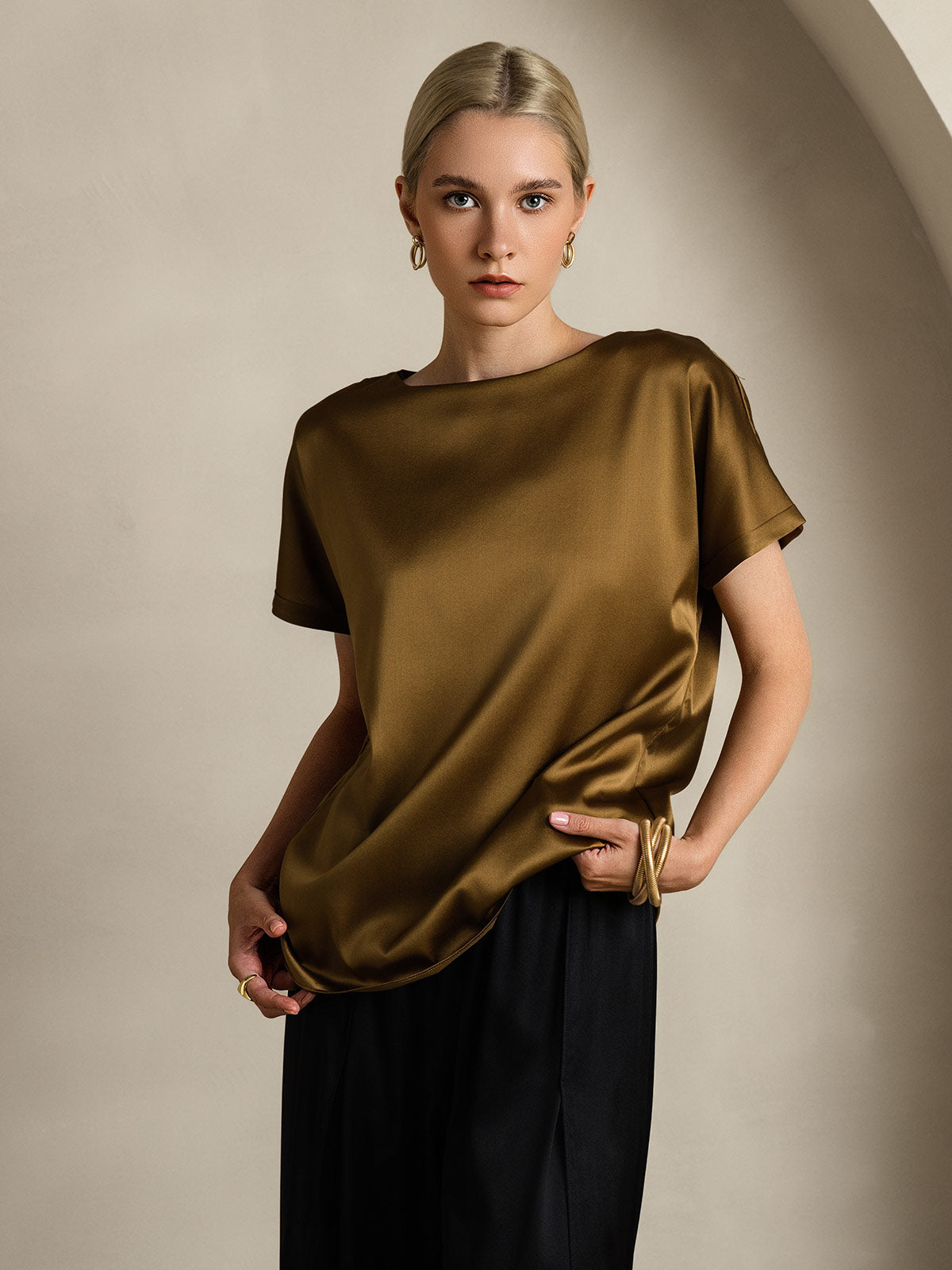 [Braun] SilkSilky-DE 19Momme Seide Womens T-Shirt 003