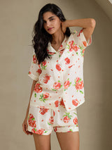 [Weißer Granatapfel] SilkSilky-DE Short Sleeve Notch Collar Damen Pyjamas 004