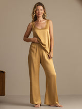 [Tan] SilkSilky-DE 19Momme Ärmellos Tiefer Rundhalsausschnitt Damen Pyjamas 003