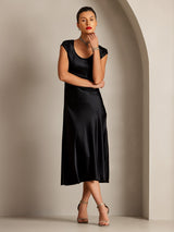 [Schwarz] SilkSilky-DE Cap Sleeve Tiefer Rundhalsausschnitt Kleider 004