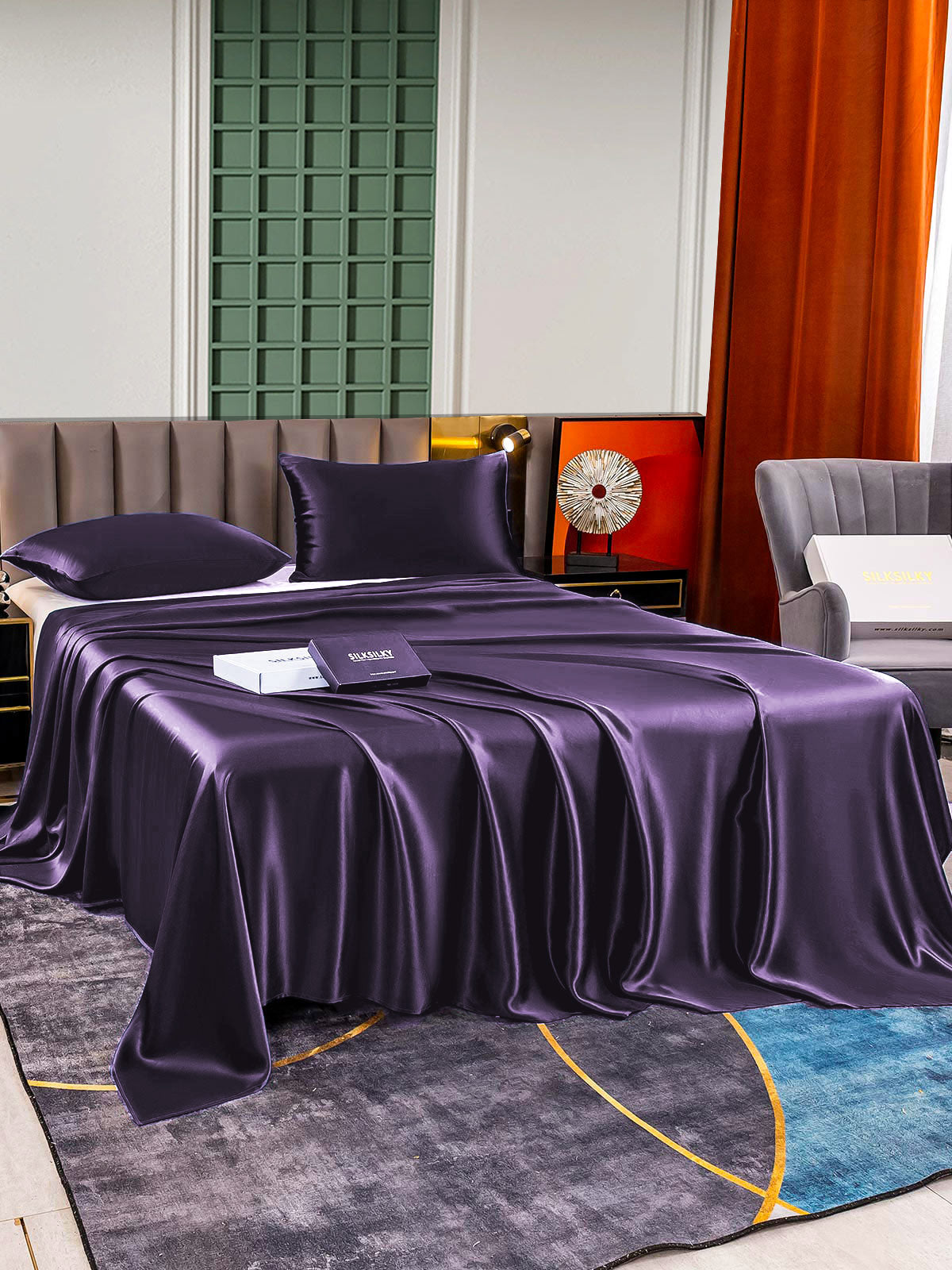 [Dunkelviolett] SilkSilky-DE 25Momme Reine Seide Bedding Set 003,