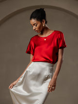 [Rotwein] SilkSilky-DE Short Sleeve Boat Neck T-Shirt 005